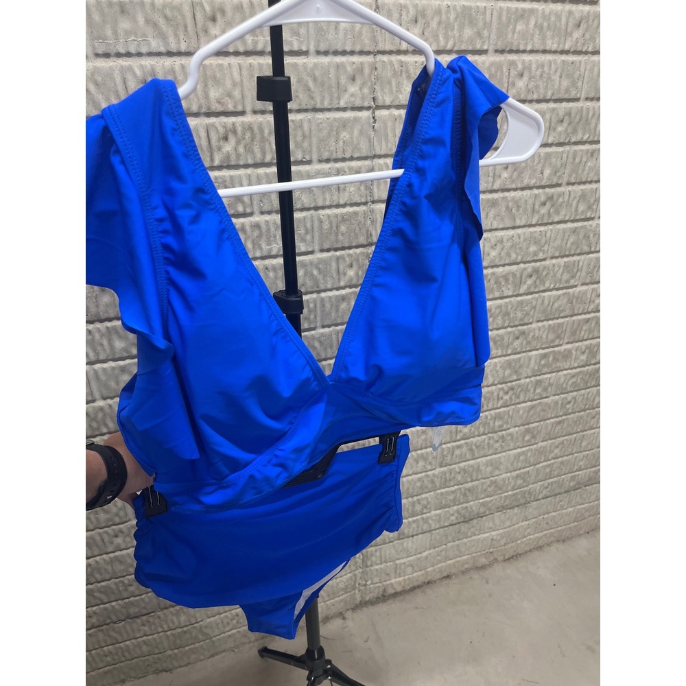Soucrat Womens Royal Blue Ruffle V-Neck High Waisted Bikini Set XL New